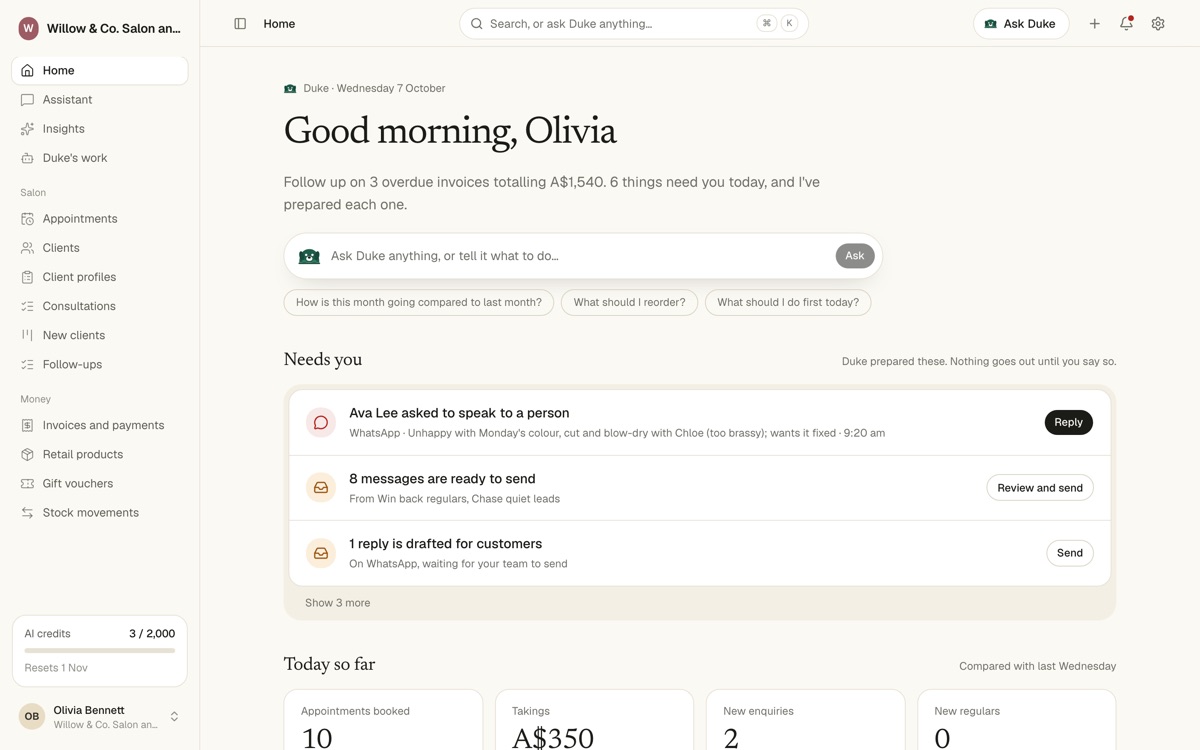 Willow & Co. Salon and Spa application home screen